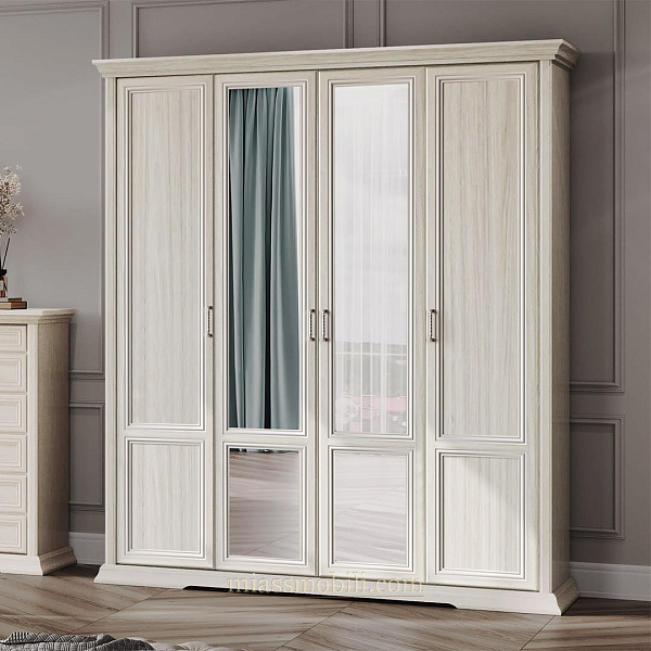 Шкаф 4-х дв. Lorenzo дуб сторсанд для платья и белья с зеркалами