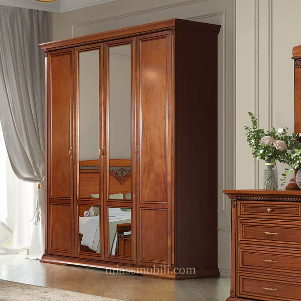 Шкаф 4-х дв. Lorenzo вишня для платья и белья с зеркалами